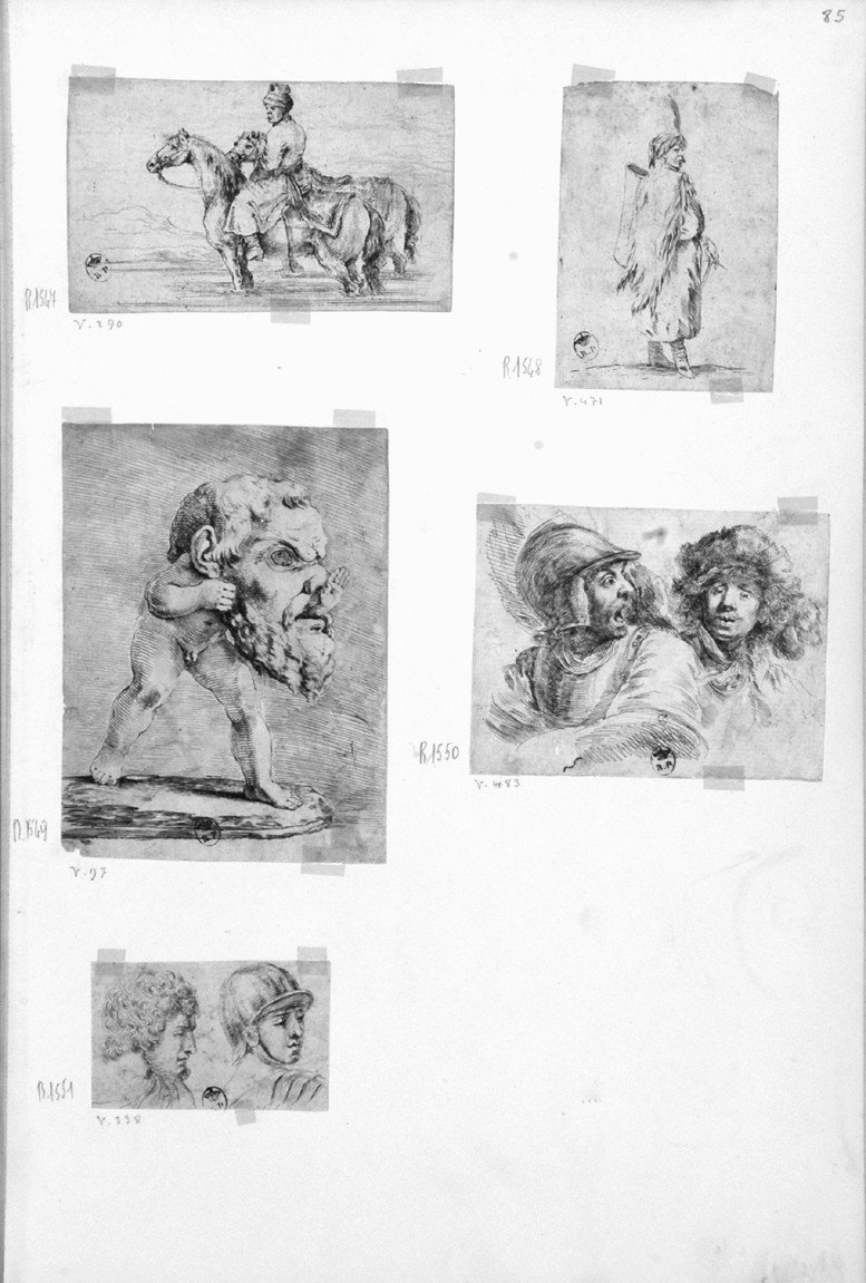 soldato con elmo e uomo con copricapo in pelliccia (stampa smarginata) di Della Bella Stefano (sec. XVII)