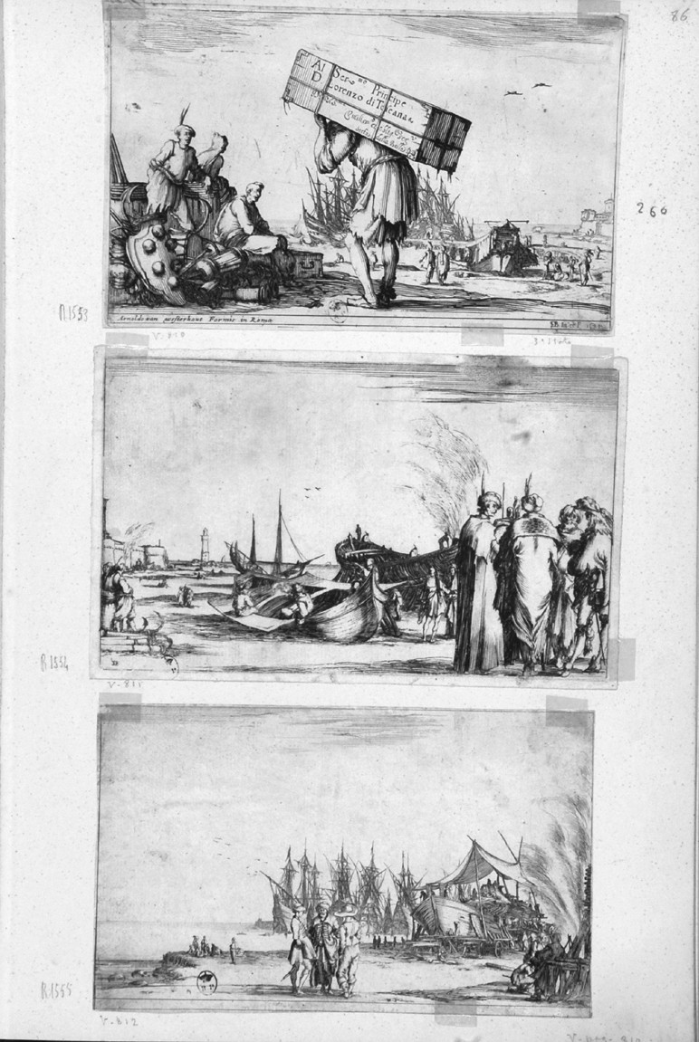 frontespizio con marina e dedica (stampa smarginata, serie) di Della Bella Stefano, Collignon François (sec. XVII)