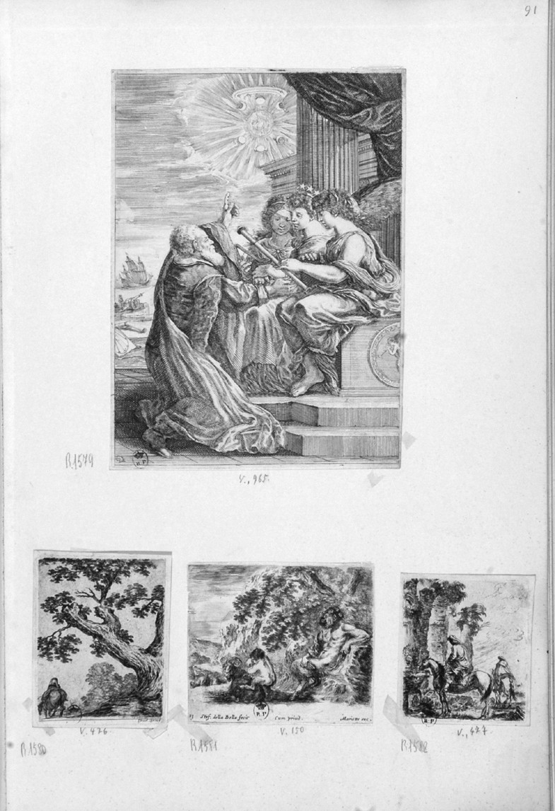 frontespizio con Galileo che incontra l'Astronomia, l'Ottica e la Matematica (stampa) di Della Bella Stefano (sec. XVII)