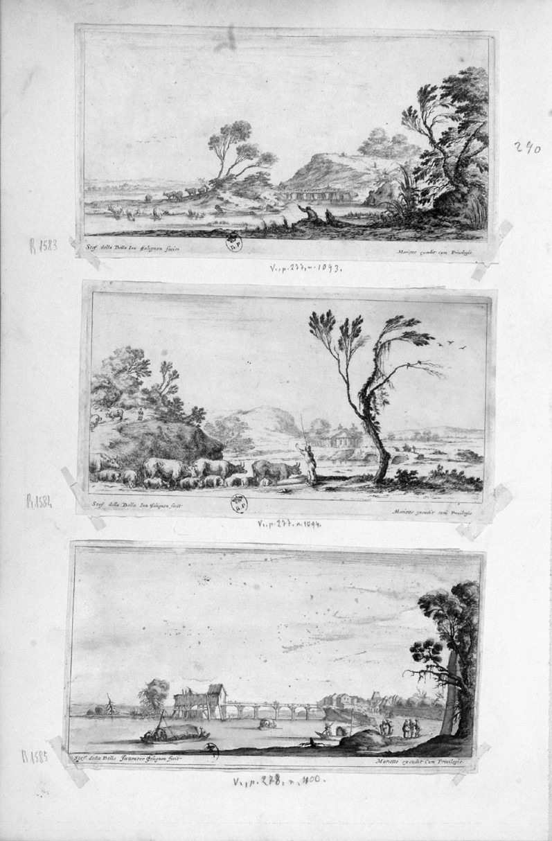 paesaggio con fiume e ponte (stampa, serie) di Della Bella Stefano, Collignon François (sec. XVII)