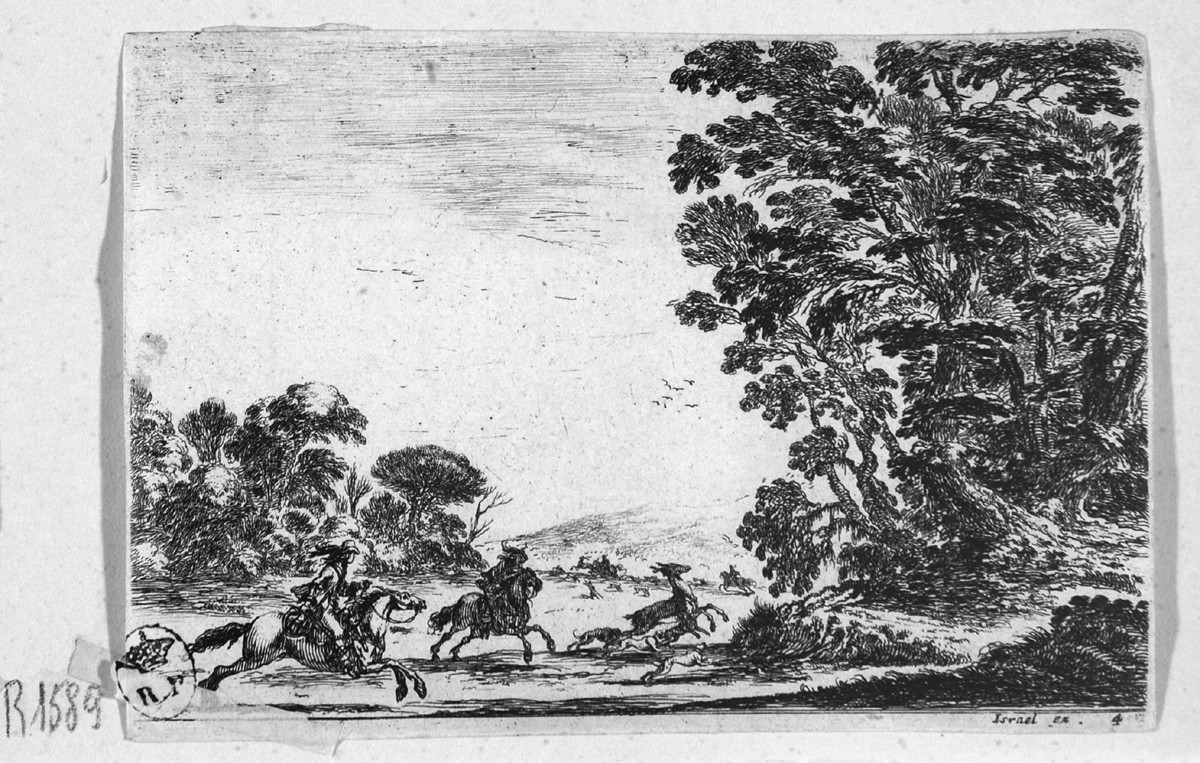 paesaggio con caccia al cervo (stampa colorata a mano smarginata, serie) di Della Bella Stefano (sec. XVII)