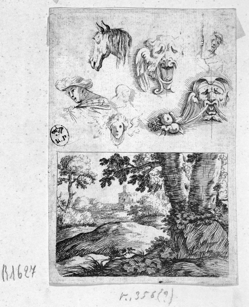 grottesche e paesaggio (stampa smarginata) - ambito Italia centrale (metà sec. XVII)