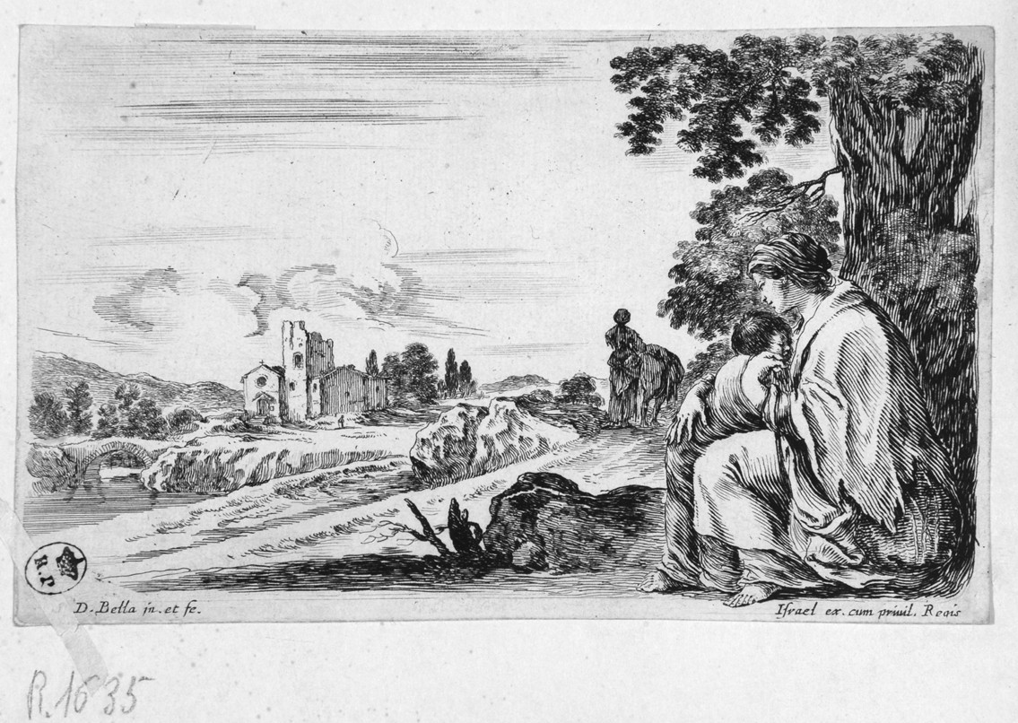 paesaggio con donna e bambino (stampa smarginata, serie) di Della Bella Stefano (sec. XVII)