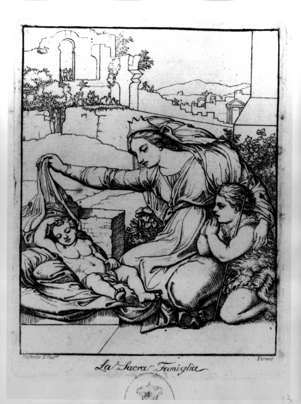 La Sacra Famiglia, Madonna con Bambino e San Giovannino (stampa, serie) di Ferrero Giovanni Francesco, Sanzio Raffaello (sec. XIX)