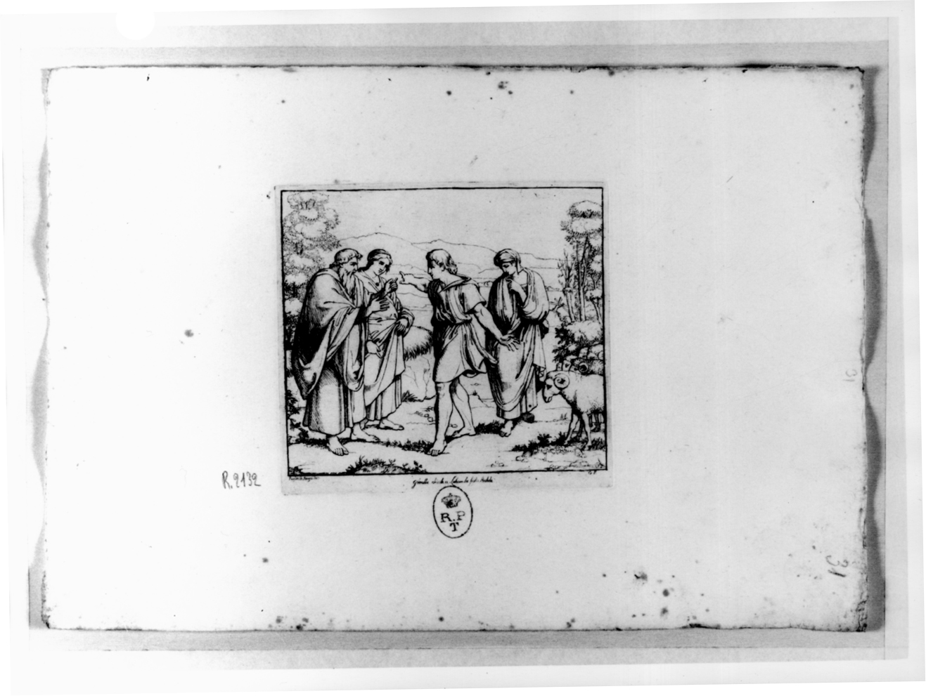 Giacobbe chiede a Labano la figlia Rachele, Giacobbe chiede in sposa Rachele a Labano (stampa, serie) di Ferrero Giovanni Francesco, Sanzio Raffaello (sec. XIX)