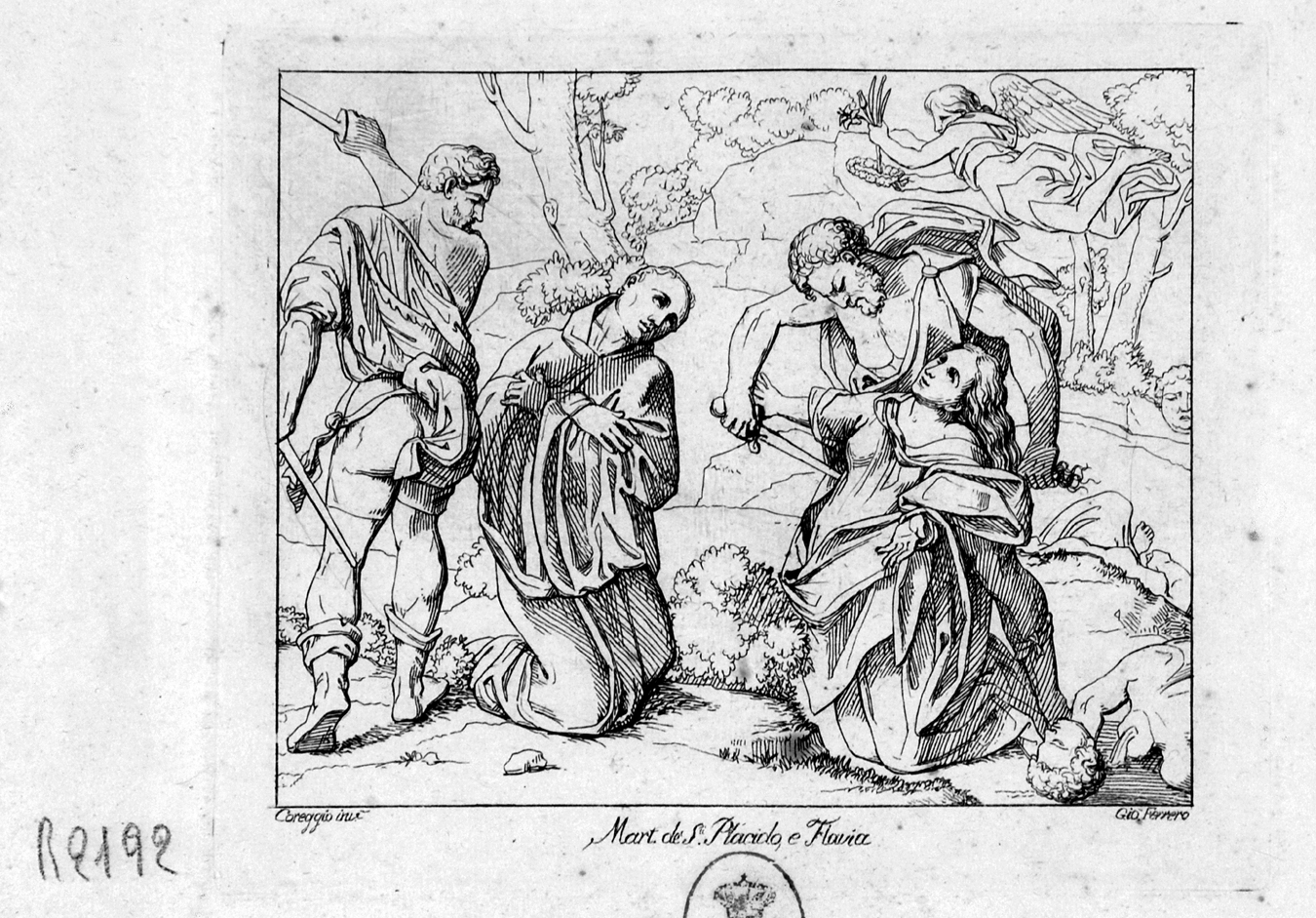 martirio dei Santi Placido e Flavia (stampa, serie) di Allegri Antonio detto Correggio, Poussin Nicolas (sec. XIX)
