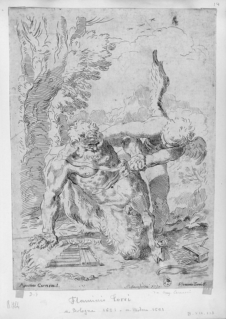 Cupido e Pan (stampa smarginata) di Carracci Agostino, Torri Flaminio (sec. XVII)