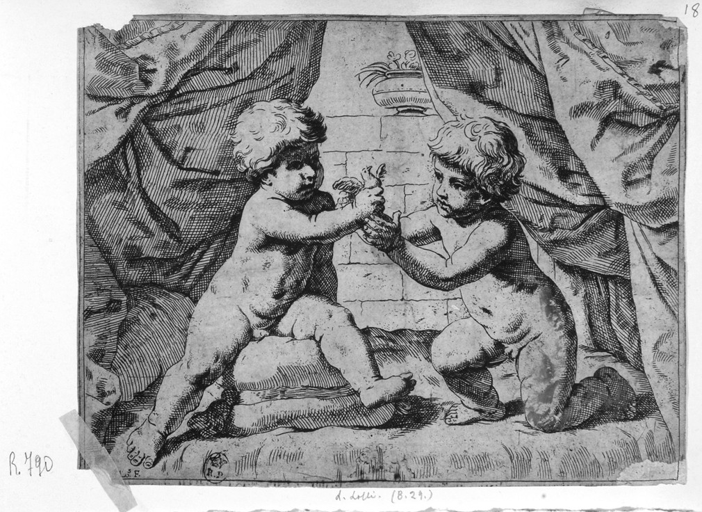 due putti giocano con un uccellino (stampa smarginata) di Loli Lorenzo (sec. XVII)