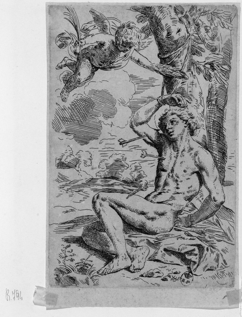 San Sebastiano curato dagli angeli (stampa) di Cantarini Simone detto Pesarese (sec. XVII)