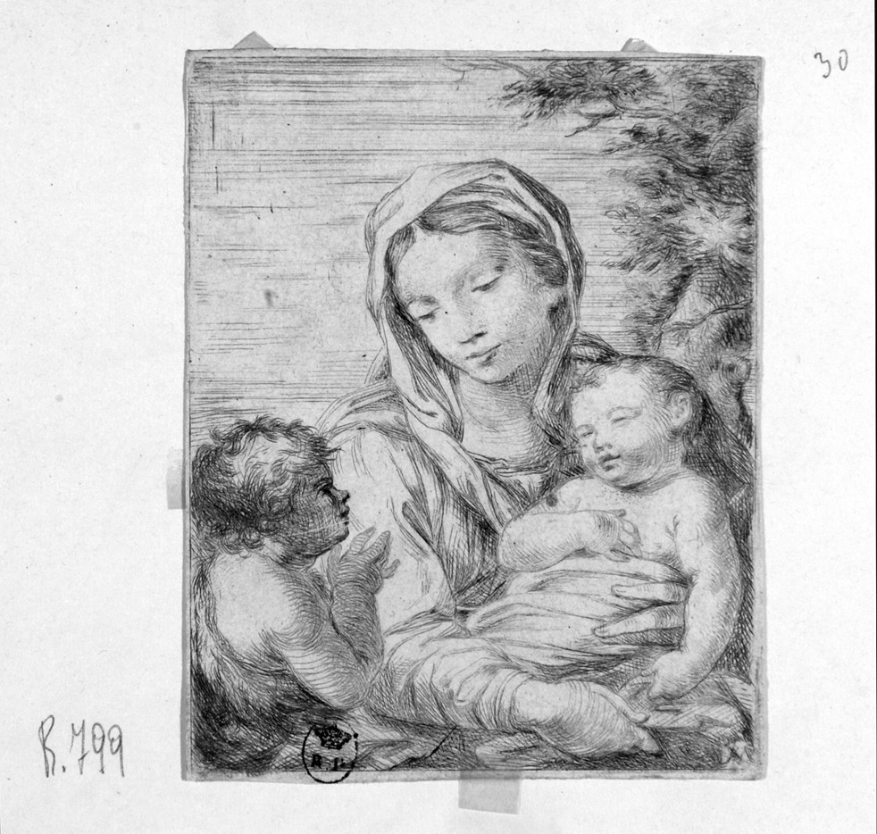 Madonna con Bambino e San Giovannino (stampa smarginata) di Cantarini Simone detto Pesarese (attribuito) (sec. XVII)