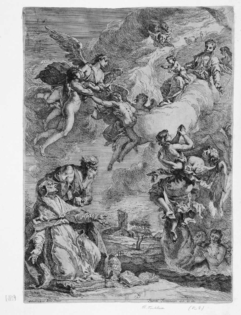 San Gregorio Magno con san Girolamo intercede per le anime del Purgatorio (stampa smarginata) di Fontebasso Francesco, Ricci Sebastiano (sec. XVIII)