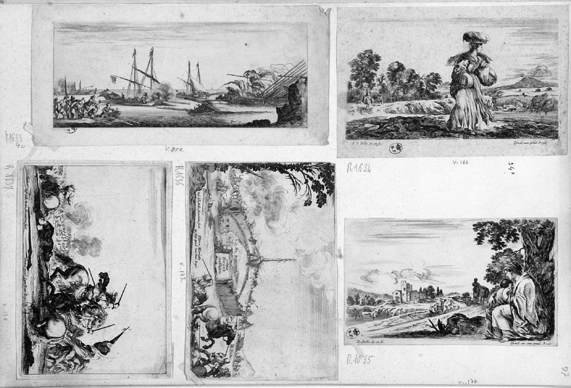 paesaggio con donna e bambino (stampa smarginata, serie) di Della Bella Stefano (sec. XVII)