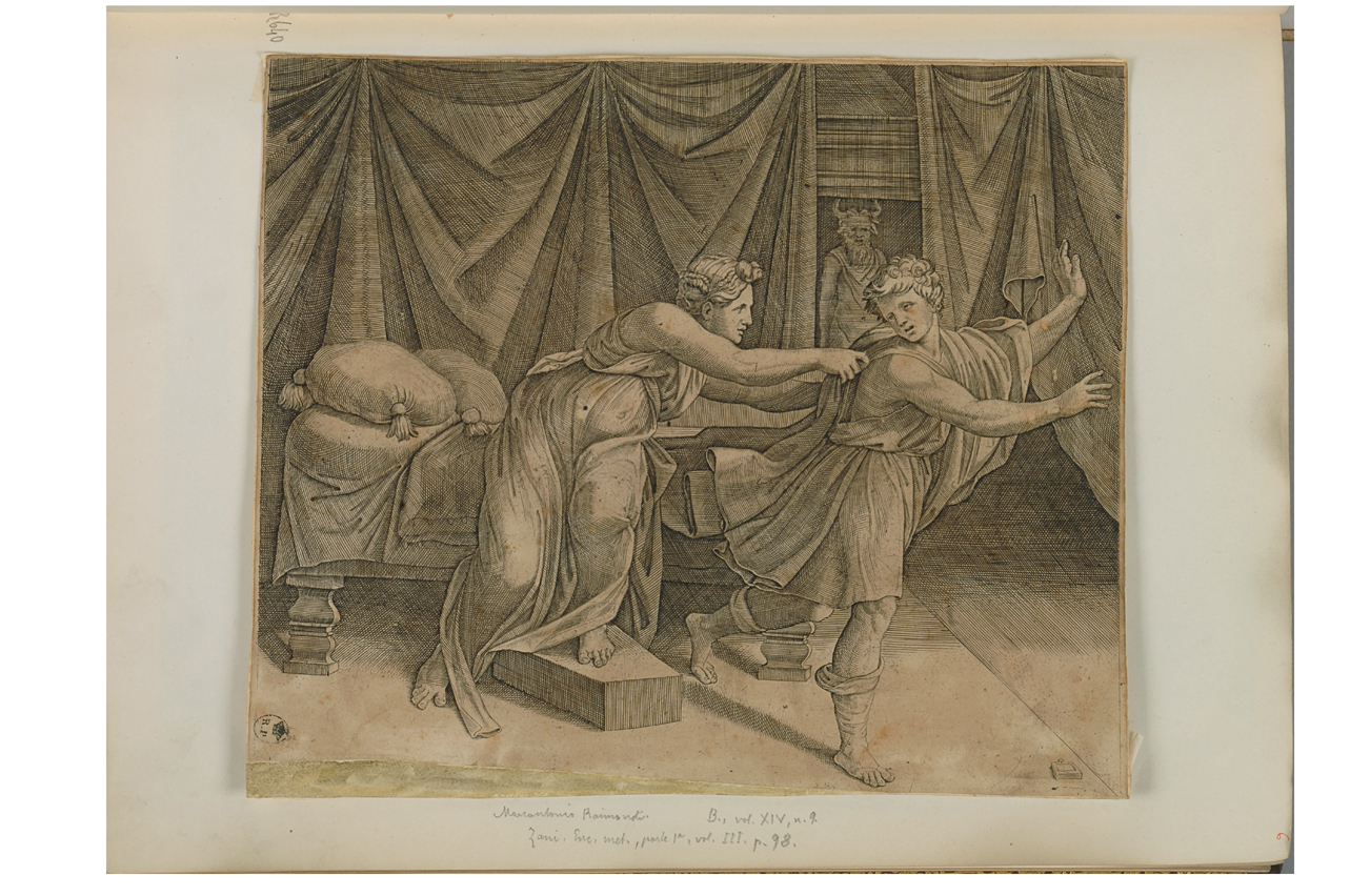 Giuseppe e la moglie di Putifarre (stampa smarginata) di Raimondi Marcantonio (prima metà sec. XVI)