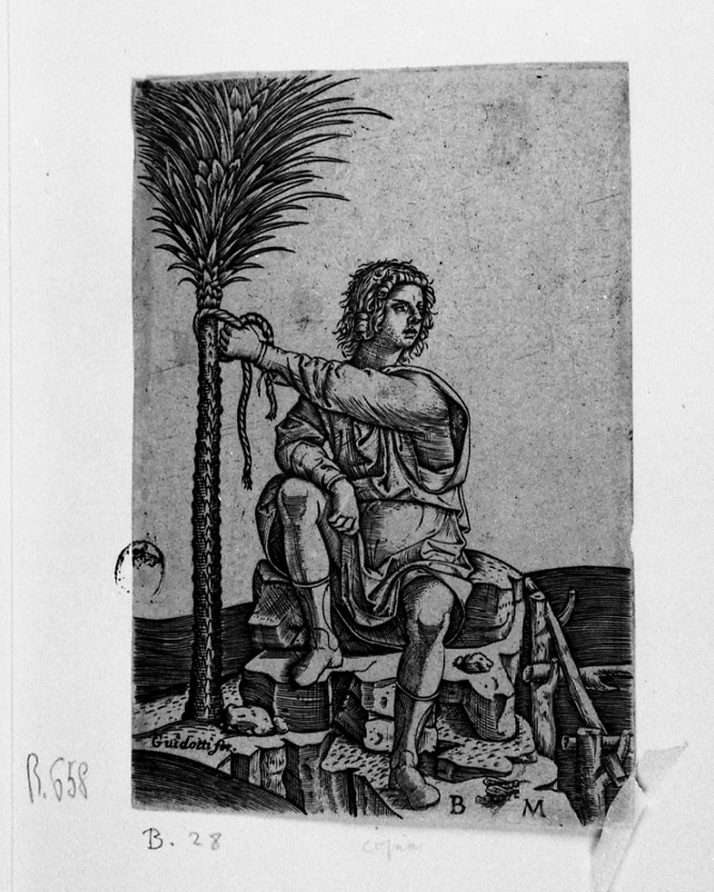 giovane seduto (stampa smarginata) di Montagna Benedetto (metà sec. XVI)