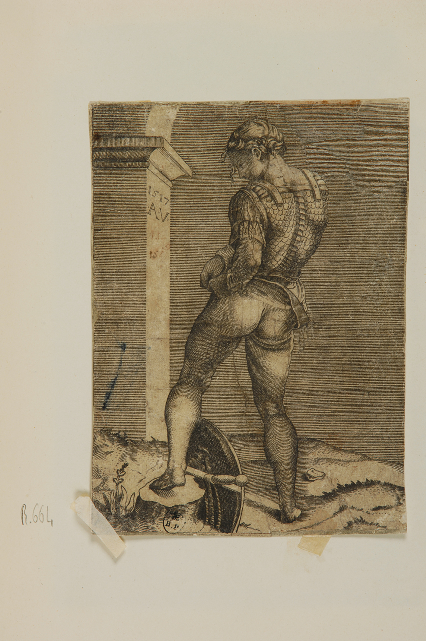 guerriero (stampa smarginata) di De Musi Agostino (attribuito) (primo quarto sec. XVI)