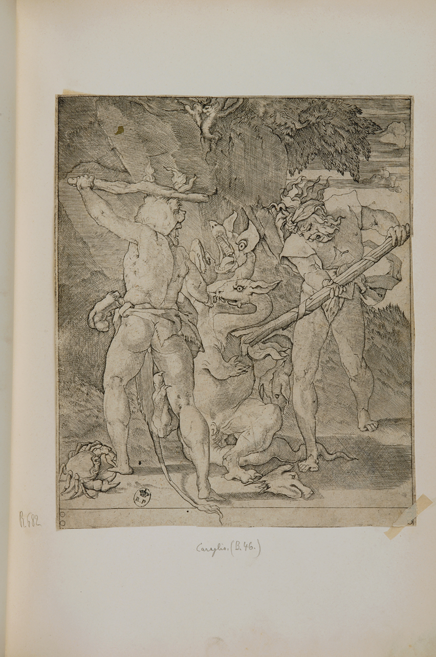 Ercole e l'Idra (stampa smarginata, serie) di Caraglio Gian Giacomo, di Jacopo Giovan Battista detto Rosso Fiorentino (prima metà sec. XVI)