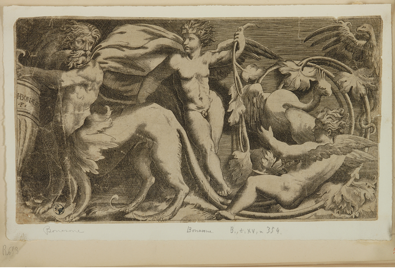 due eroti e un mostro (stampa smarginata) di Bonasone Giulio, Mazzola Francesco detto Parmigianino, Raimondi Marcantonio (metà sec. XVI)