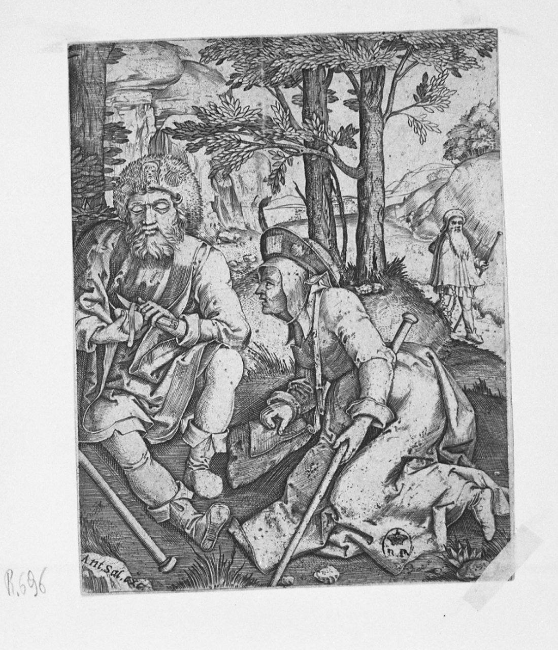 pellegrini in sosta (stampa smarginata) di Raimondi Marcantonio, Van Leyden Lucas Hugensz detto Luca di Leida (sec. XVI)
