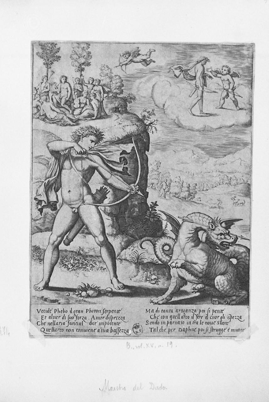 Apollo uccide Pitone (stampa smarginata, serie) di Peruzzi Baldassarre Tommaso, Daddi Bernardo detto il Maestro del Dado (sec. XVI)