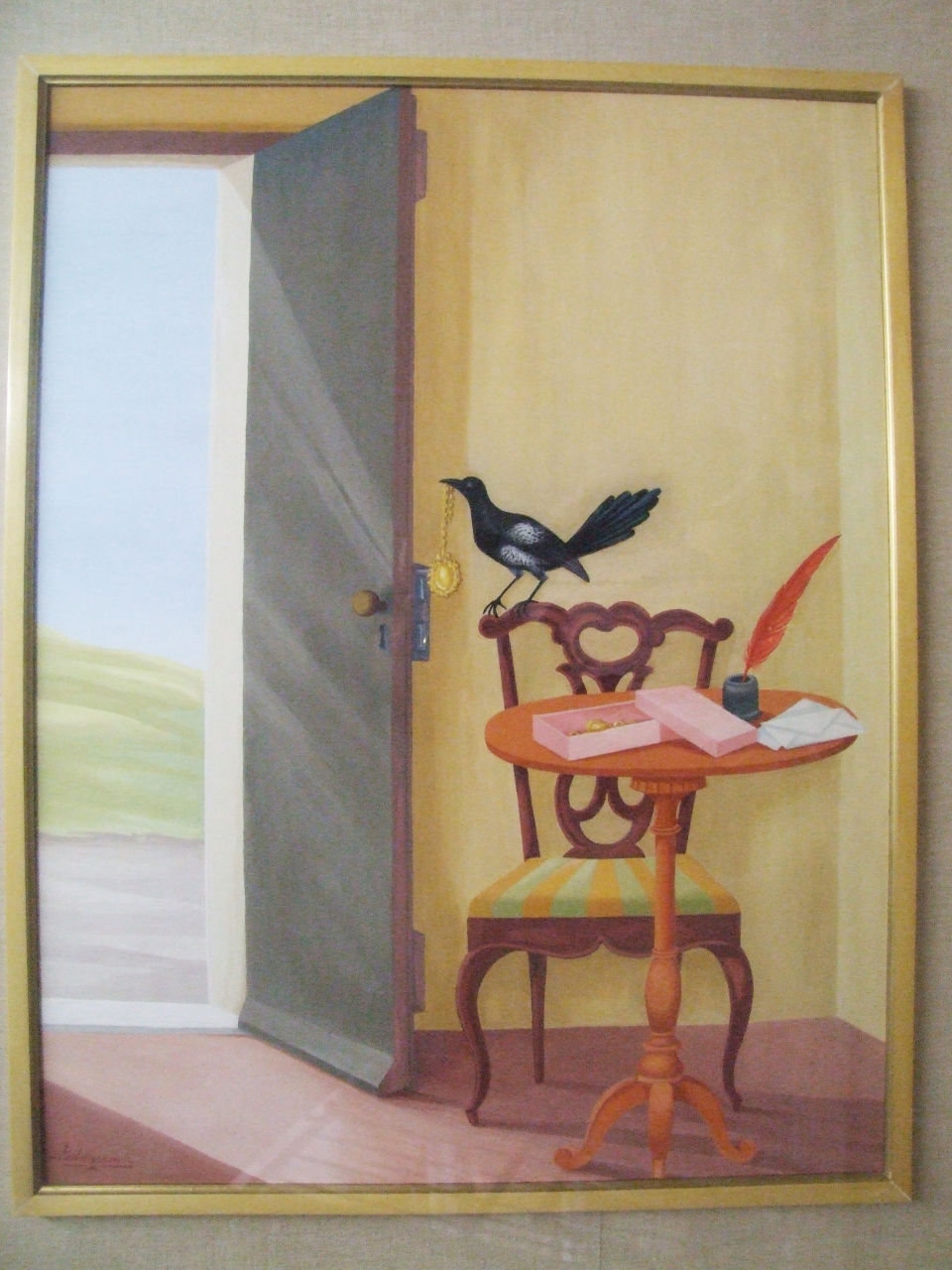 Gazza ladra, interno con animale (dipinto) di Baldaccini Umberto (sec. XX)