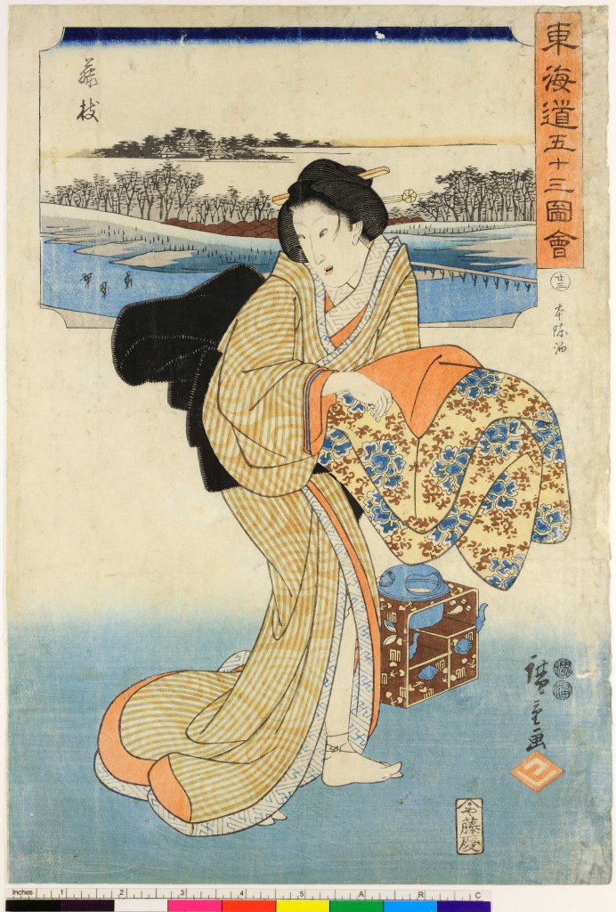 fanciulla in primo piano e paesaggio sullo sfondo (stampa, serie) di Utagawa Hiroshige I - ambito giapponese (sec. XIX)