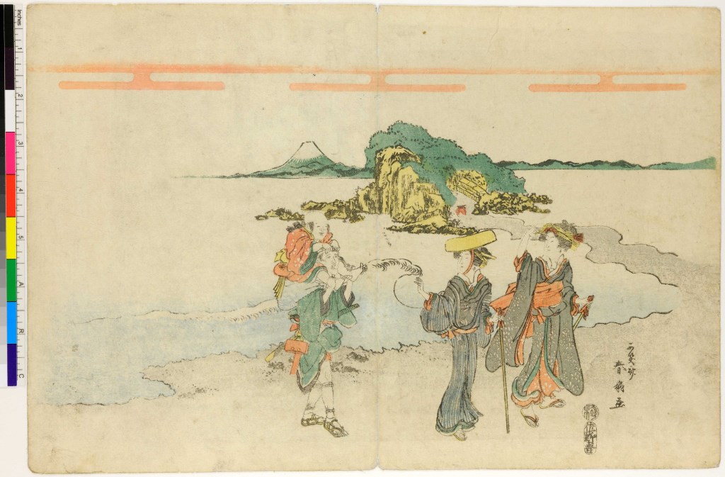 due beltà in riva al mare insieme a un uomo con sulle spalle un bambino (stampa) di Katsukawa Shunkō II - ambito giapponese (sec. XIX)