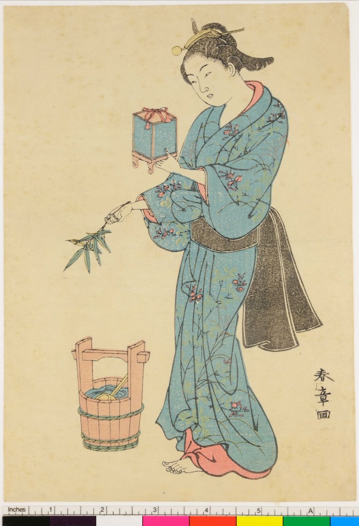 beltà con ramo di bambù in mano (stampa, serie) di Katsukawa Shunshō - ambito giapponese (sec. XVIII)