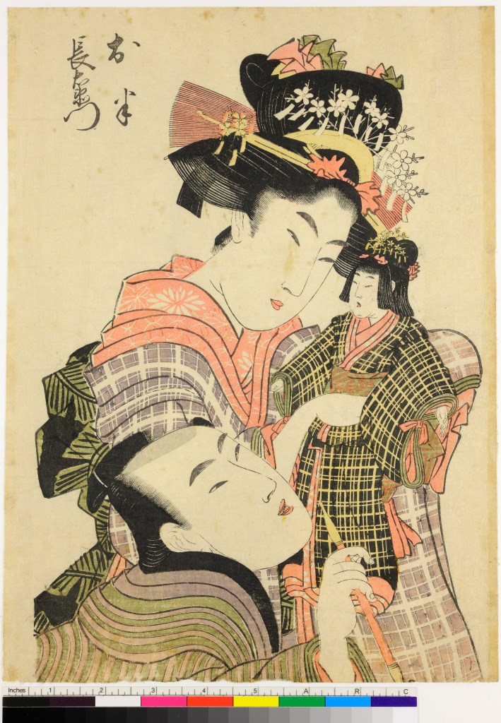 cortigiana con samurai e una bambola (stampa) di Kitagawa Utamaro - ambito giapponese (sec. XVIII)