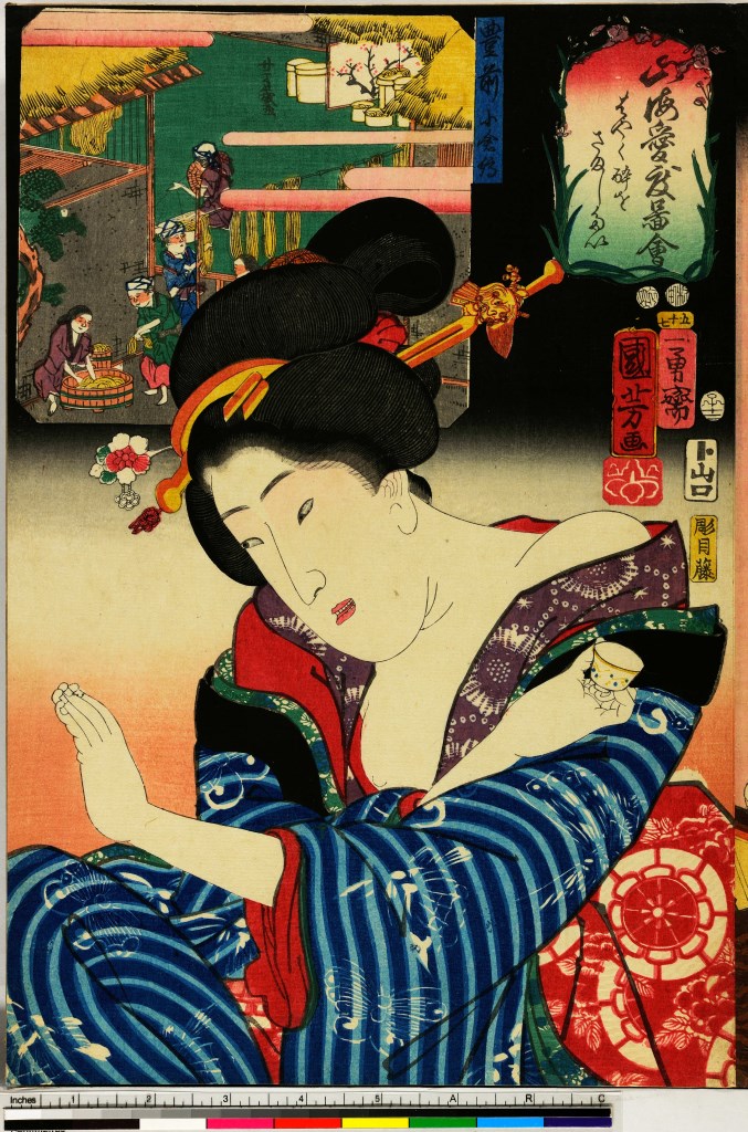 donna con kimono blu e raffigurazione retrostante (stampa, serie) di Utagawa Yoshiiku, Ichiyusai Kuniyoshi, Hori Mefuji - ambito giapponese (sec. XIX)