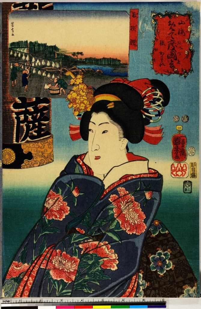 donna con kimono blu e raffigurazione retrostante (stampa, serie) di Utagawa Yoshitorijo, Ichiyusai Kuniyoshi, Hori Mefuji - ambito giapponese (sec. XIX)