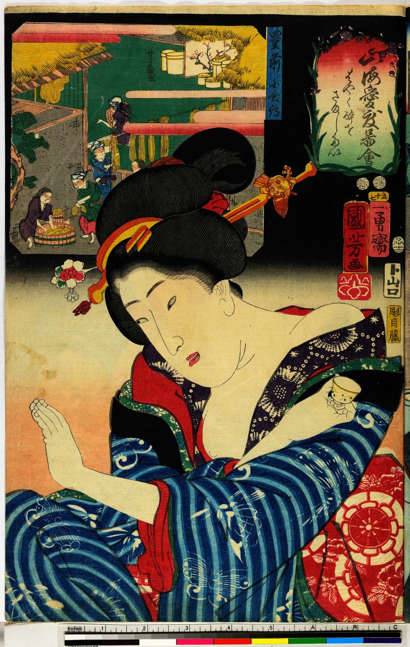 donna con kimono blu e raffigurazione retrostante (stampa, serie) di Utagawa Yoshiiku, Ichiyusai Kuniyoshi, Hori Mefuji - ambito giapponese (sec. XIX)