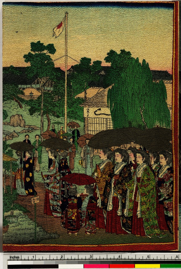 Uomini e donne all’interno del giardino del mercato della bocca del Drago (stampa composita, stampa composita) di Adachi Ginkō - ambito giapponese (seconda metà sec. XIX)