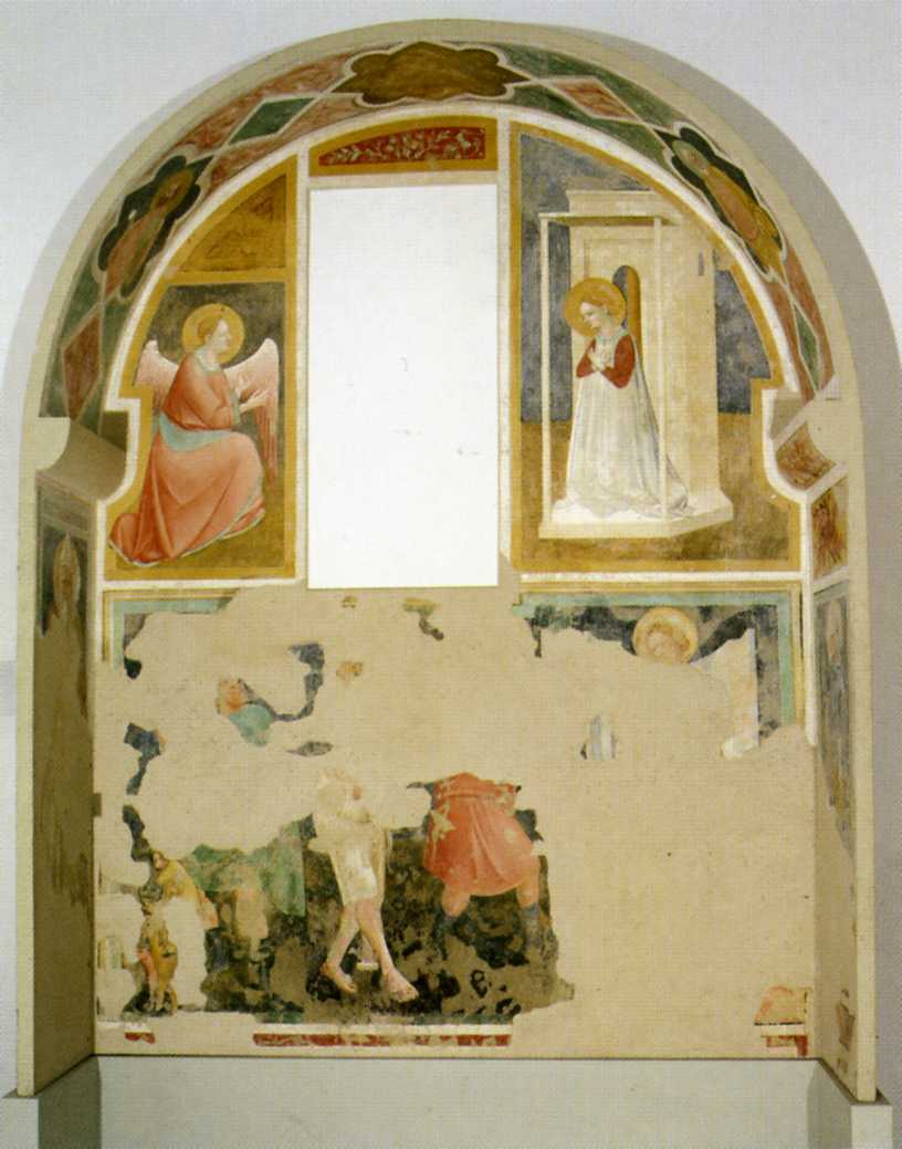 Annunciazione/ flagellazione di Cristo/ Santi (dipinto murale) di Maestro di Campodonico (attribuito) (metà sec. XIV)