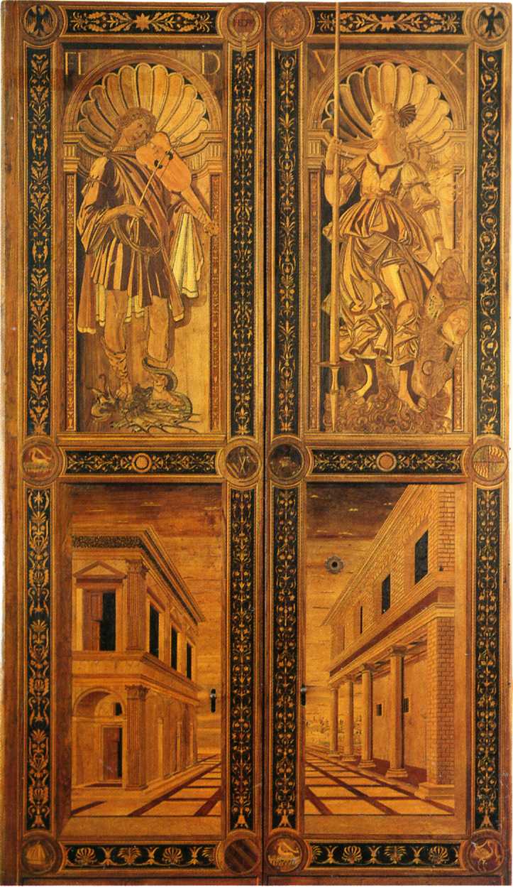 Apollo/ Minerva/ veduta prospettica (porta - a due battenti) di Botticelli Sandro (attribuito), Benedetto da Maiano (bottega) (sec. XV)