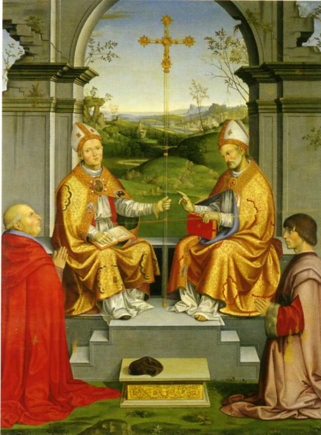 San Tommaso Becket e San Martino con il vescovo Giovan Pietro Arrivabene e il duca Guidubaldo (dipinto) di Viti Timoteo (sec. XVI)