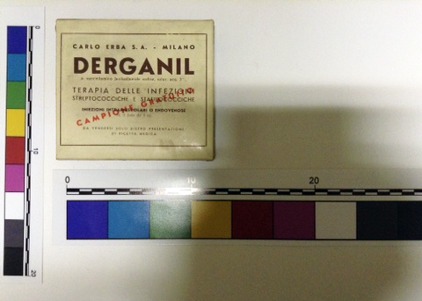 Confezione di antibiotico Derganil per infezioni stafilococciche, 5 fiale da 5cc intramuscolo (scatola, Strumento medico) (XX sec)