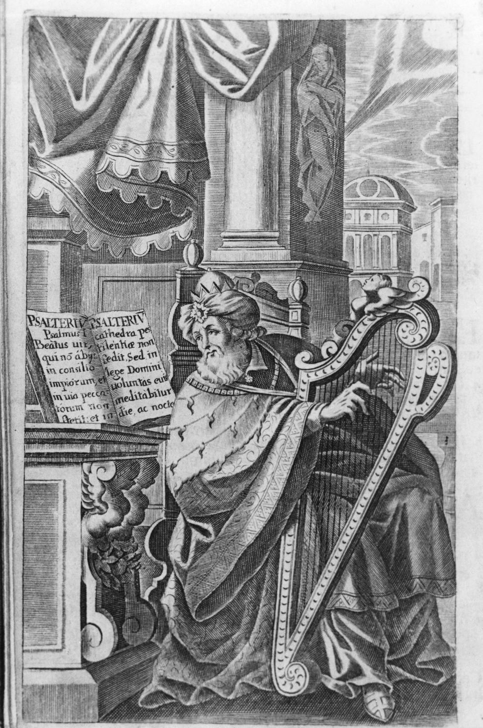 David suona l'arpa (stampa, elemento d'insieme) - ambito italiano (sec. XVII)