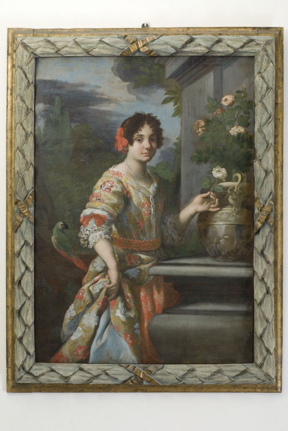 Ritratto della marchesa Anna Maria di Sorbello con pappagallo (dipinto, elemento d'insieme) di Borghesi Giovanni Ventura (bottega), Maestro Marcello di Città di Castello, Maestro Salvadore di Sansepolcro, Maestro Tanaccioli (sec. XVIII)