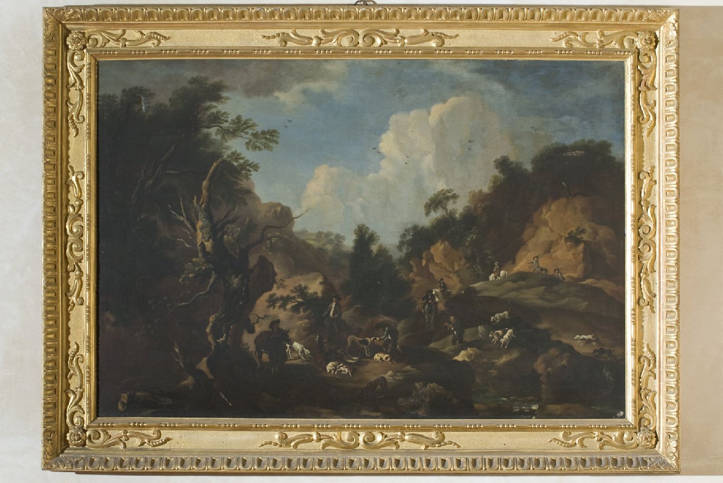 Paesaggio con il ritorno dalla caccia (dipinto, elemento d'insieme) di Reschi Pandolfo (attribuito) (seconda metà sec. XVII)