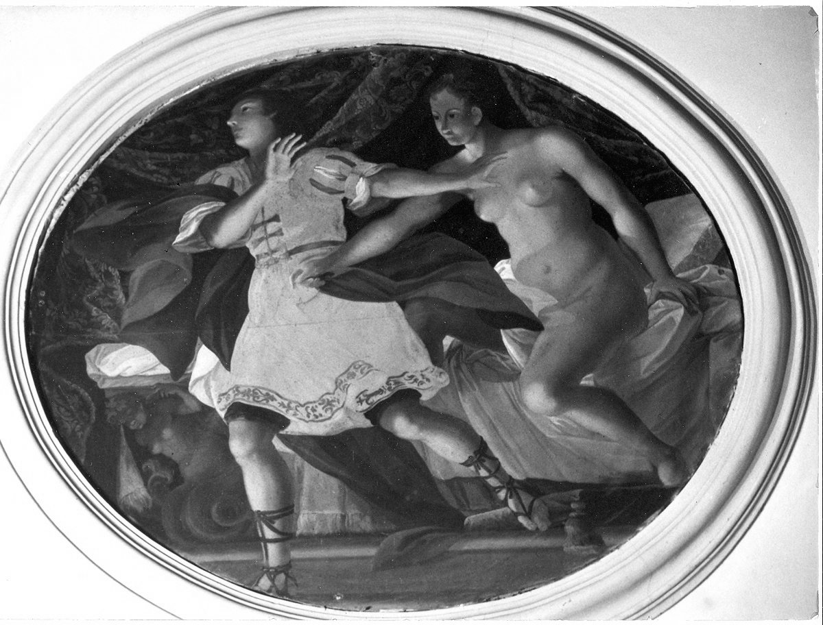 Giuseppe e la moglie di Putifarre (dipinto, opera isolata) - ambito romano (sec. XVII)