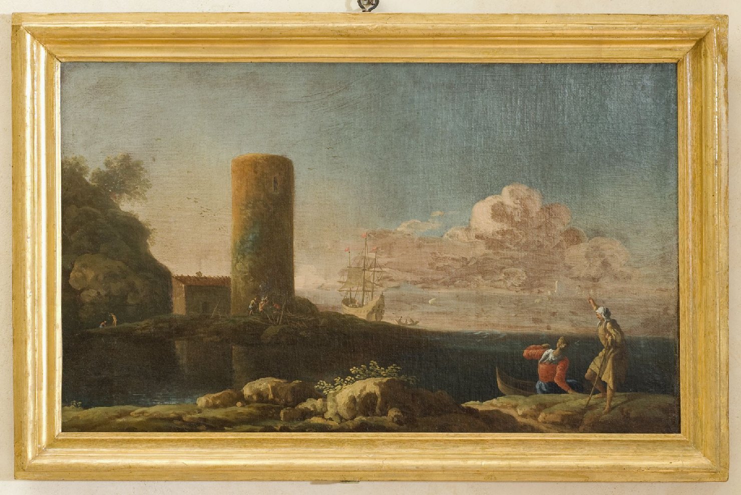 paesaggio, paesaggio marino con torre rotonda, scena pastorale in paesaggio marino con torre rotonda e vela (dipinto, pendant) - ambito Italia centrale (sec. XVIII)