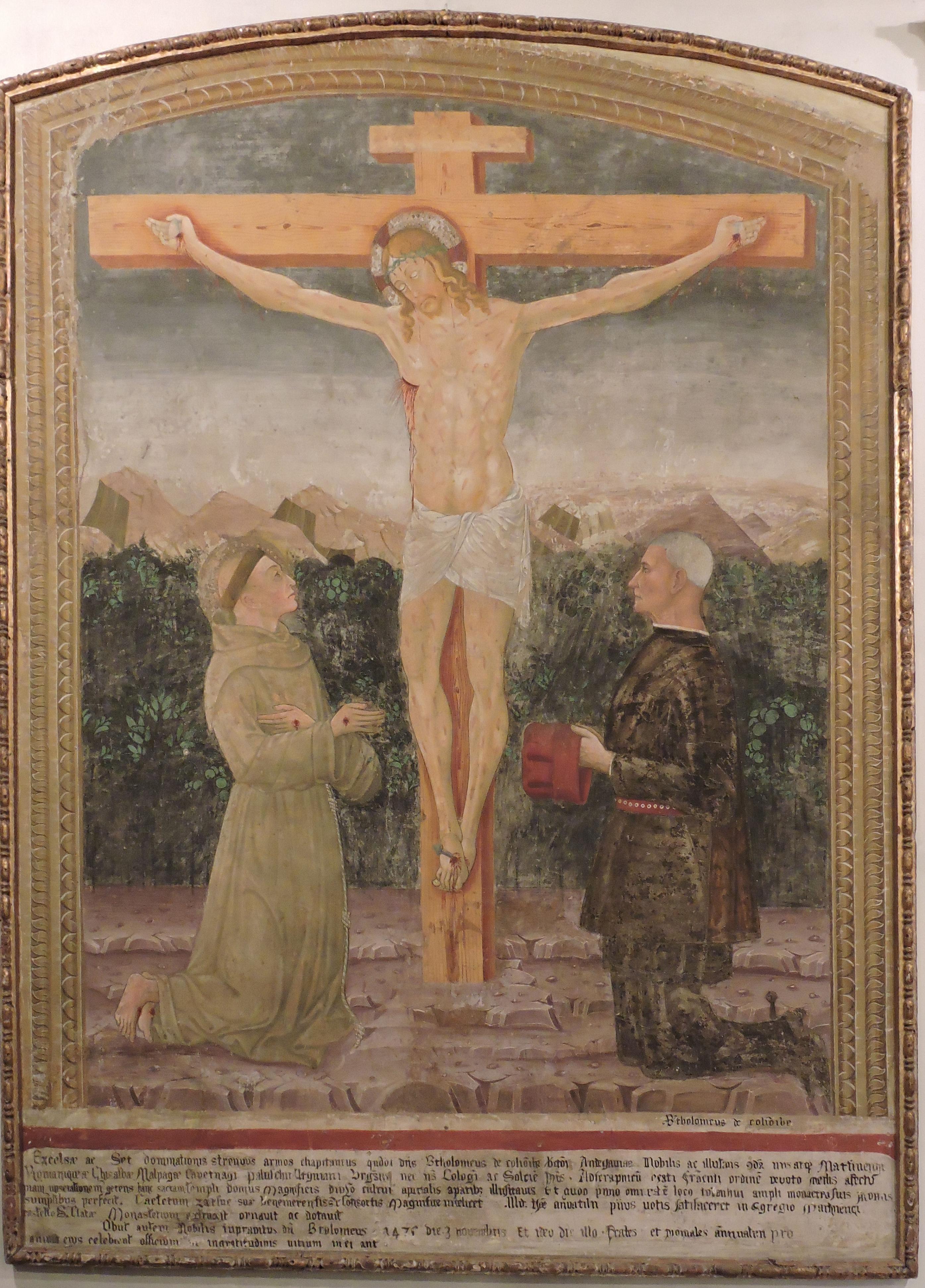 Cristo crocifisso con san Francesco e Bartolomeo Colleoni in posizione orante (dipinto) di Maestro di Martinengo (attribuito) - ambito bergamasco (sec. XV)