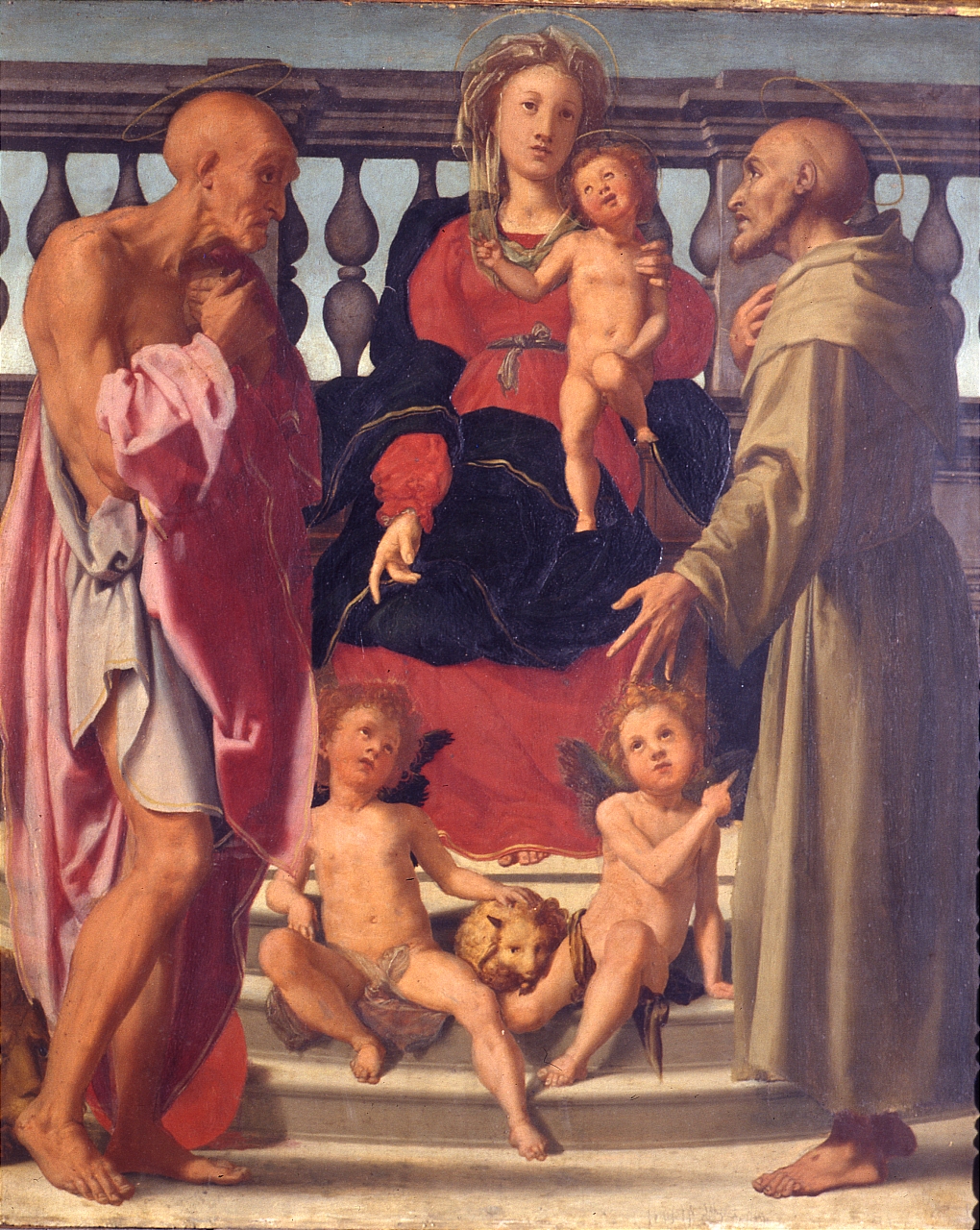 Madonna con Bambino con San Girolamo e San Francesco d'Assisi (dipinto) di Cavalori Mirabello detto Salicorno (attribuito) (sec. XVI)