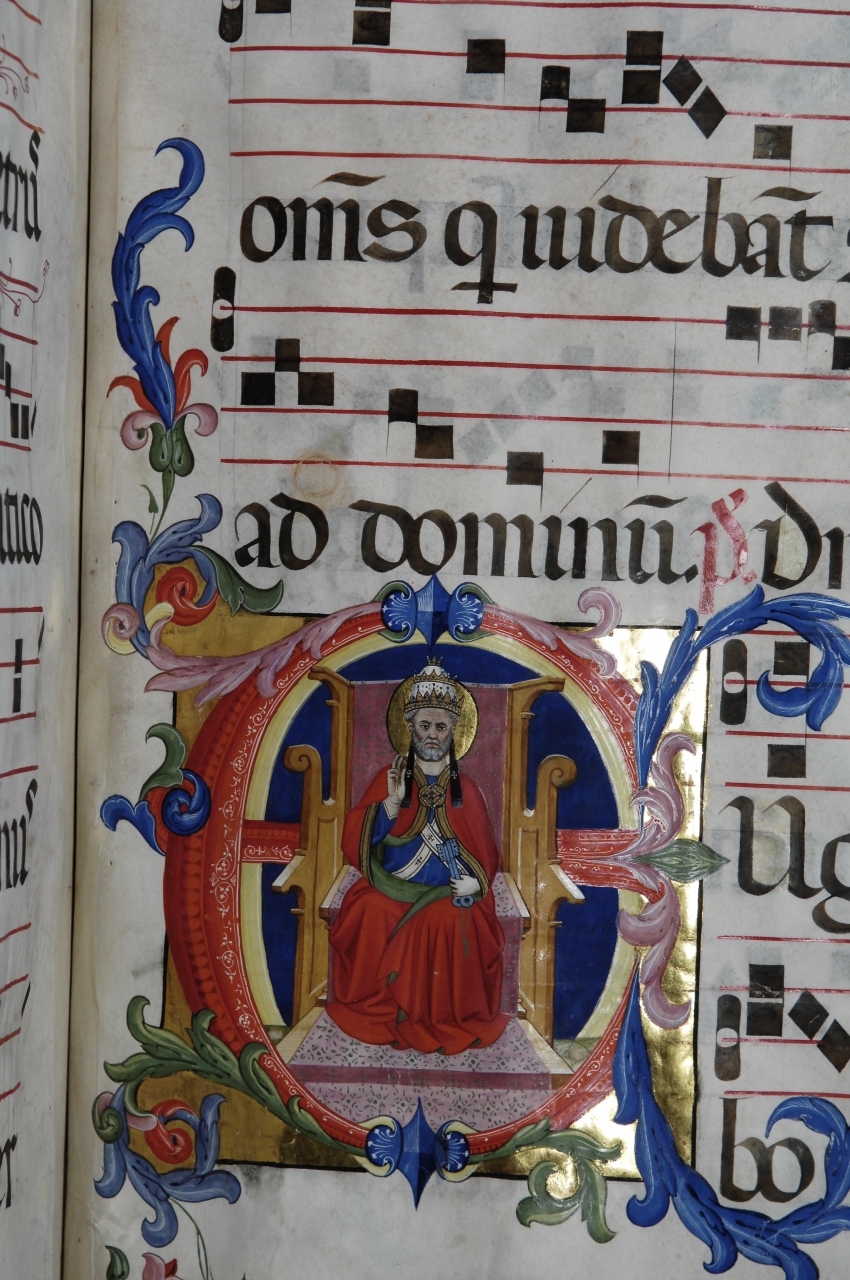 san Pietro in cattedra (miniatura) di Simone Camaldolese (e aiuti) (ultimo quarto sec. XIV)