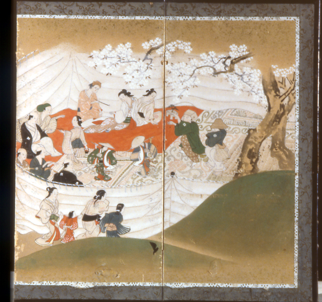 festeggiamenti primaverili con hanami, scena di vita campestre (paravento, opera isolata) - ambito giapponese (sec. XVII)