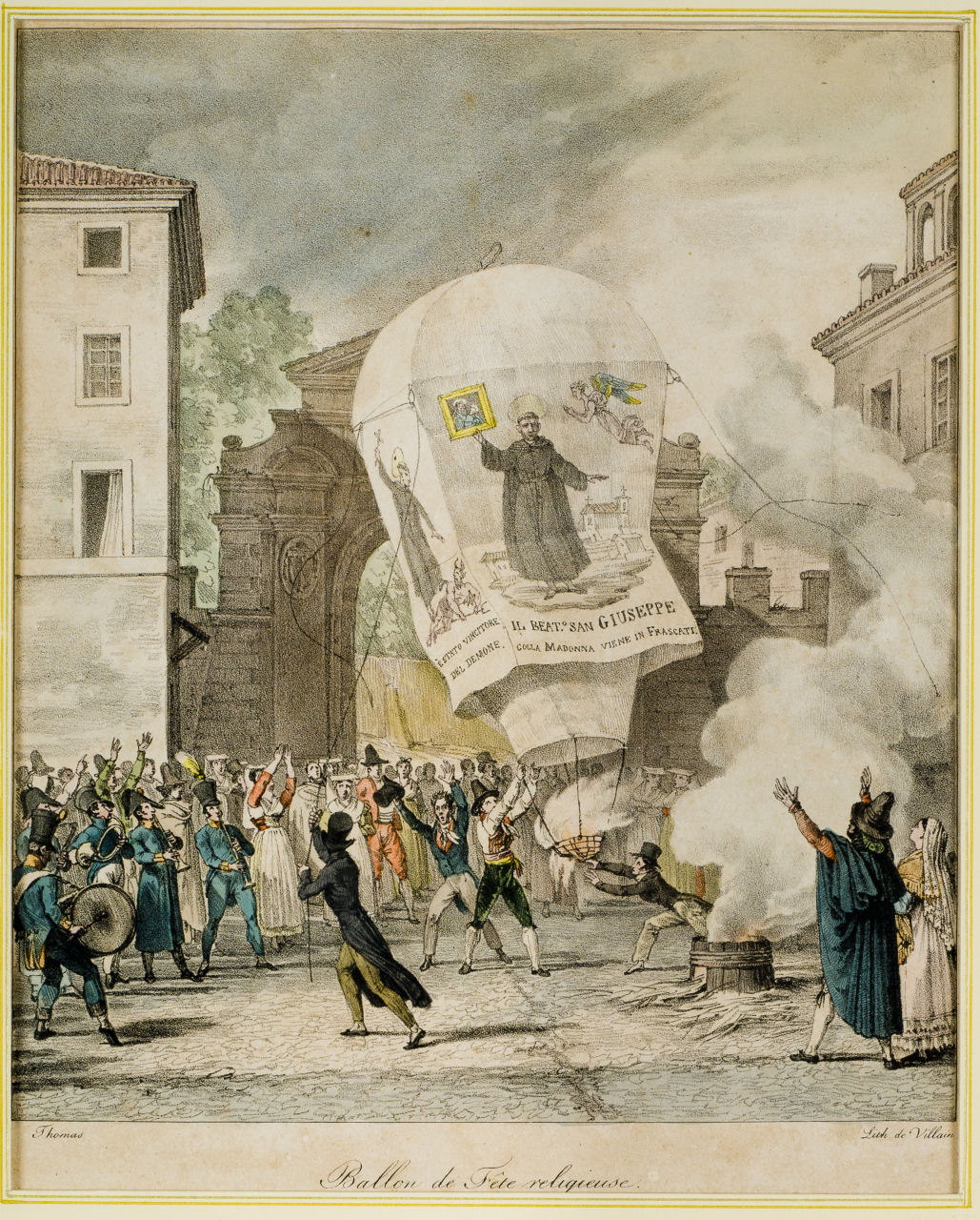 innalzamento di un pallone di carta durante i festeggiamenti, festeggiamenti (stampa) di Thomas Antoine Jean Baptiste, De Villain François (sec. XIX)