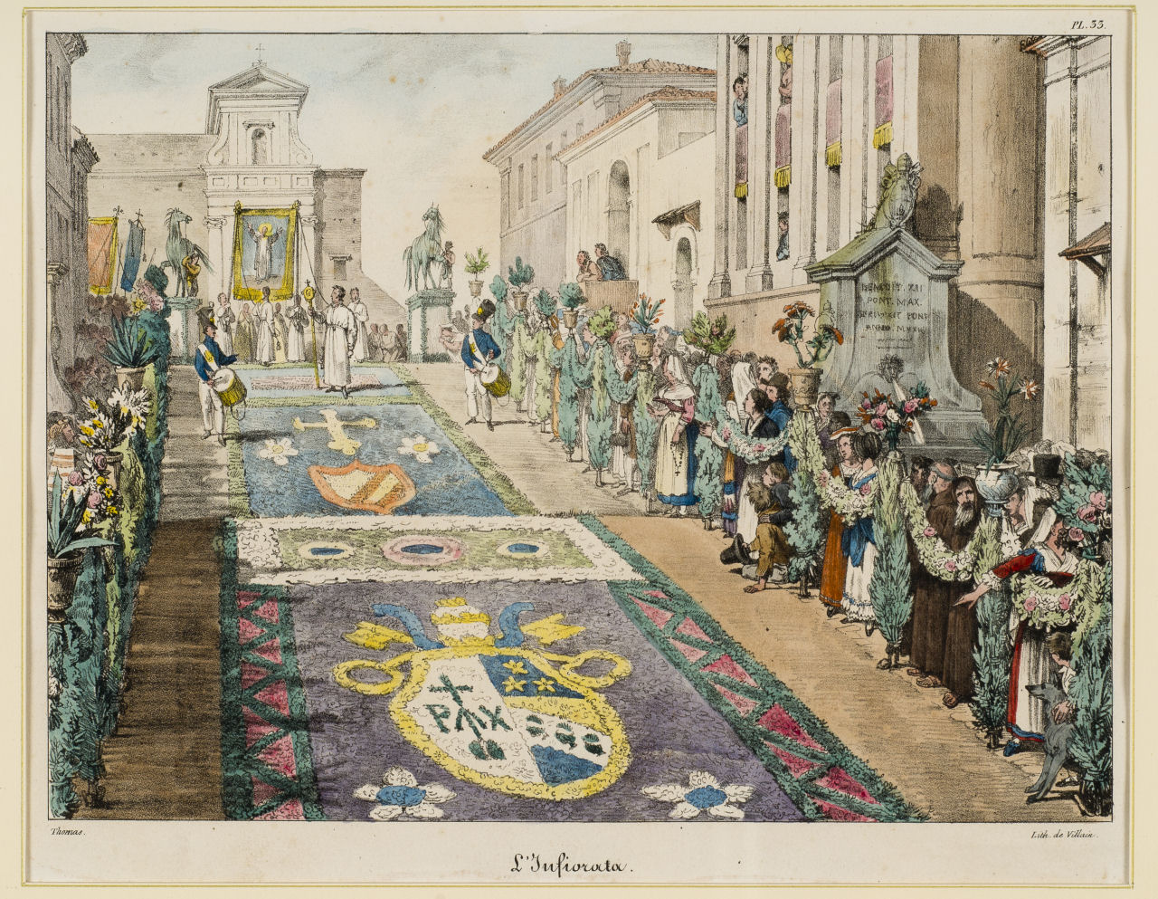 Infiorata di Genzano, Infiorata di Genzano (stampa) di Thomas Antoine Jean Baptiste, De Villain François (sec. XIX)