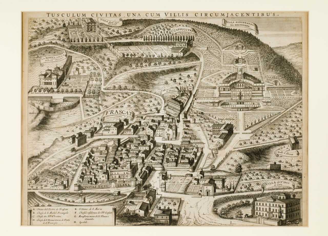 Veduta generale della Città di Frascati con le Ville Tuscolane circostanti, Veduta generale della Città di Frascati con le Ville Tuscolane circostanti (stampa composita, stampa composita) di Kircher Athanasius (sec. XVII)