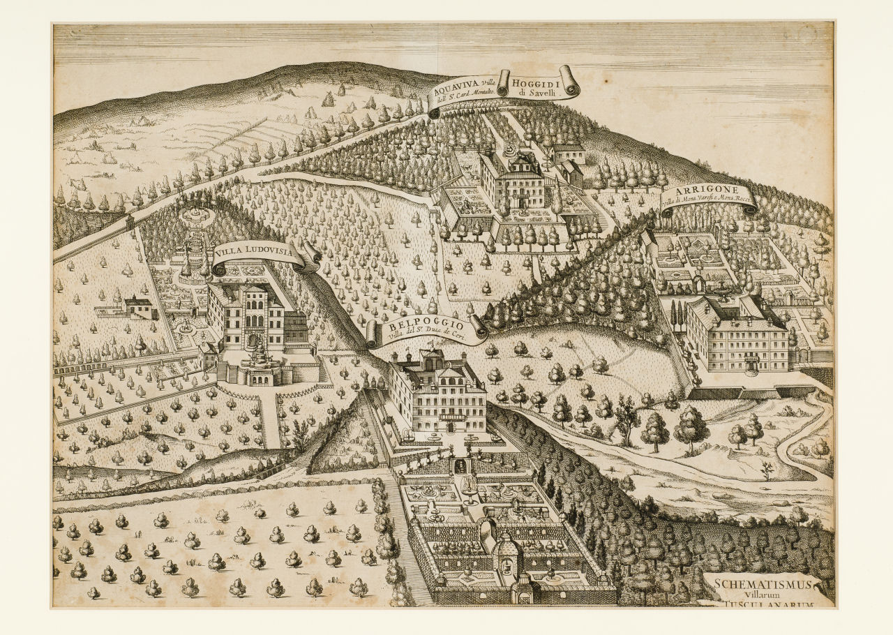 Veduta generale della Città di Frascati con le Ville Tuscolane circostanti, Veduta generale della Città di Frascati con le Ville Tuscolane circostanti (stampa composita, stampa composita) di Kircher Athanasius (sec. XVII)