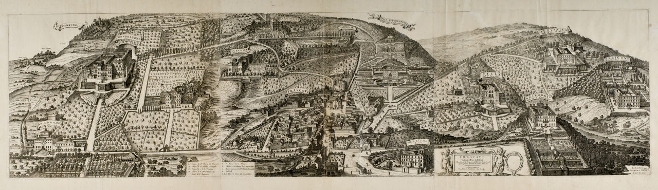 Veduta generale della Città di Frascati con le Ville Tuscolane circostanti, Veduta generale della Città di Frascati con le Ville Tuscolane circostanti (stampa) di Blaeu Joan (sec. XVIII)